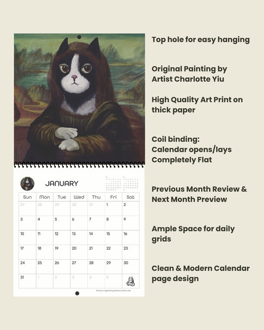 A spiral-bound wall calendar page featuring a painting of a cat in the style of the Mona Lisa, shown alongside marketing text on a light beige background. The calendar includes a January grid and additional text describing features such as top hole for hanging, original painting by Charlotte Yu, high-quality art print paper, coil binding, and clean modern page design.
