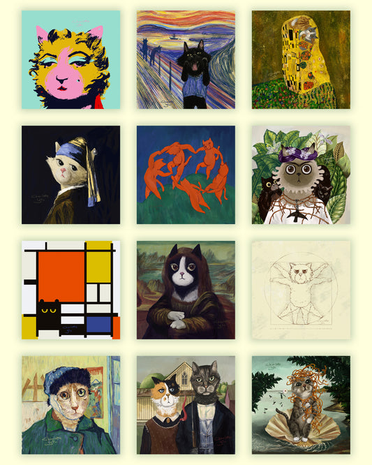 Illustrated Cat Postcard Set of 12 Masterpieces Reimagined