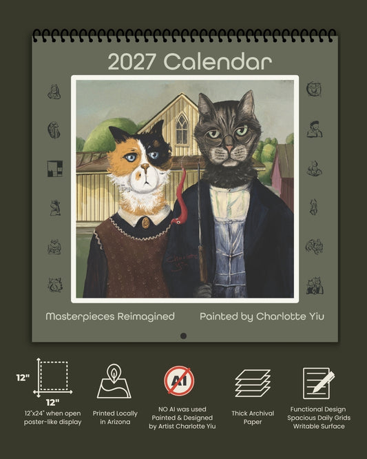A 2027 calendar displayed flat against a dark olive background. The calendar cover features an art print titled 'Masterpieces Reimagined' showing two anthropomorphic cats in clothing, with a house in the background.