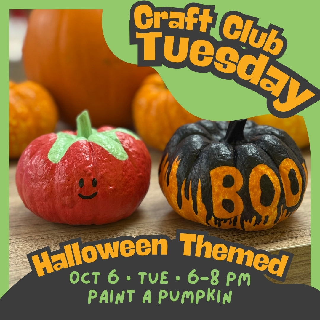 Promotional graphic for a Halloween-themed 'Craft Club Tuesday' activity. The image shows two painted pumpkins on a wooden surface: one red pumpkin with a green stem and smiley face, and one black pumpkin with orange 'BOO' lettering and dripping paint.