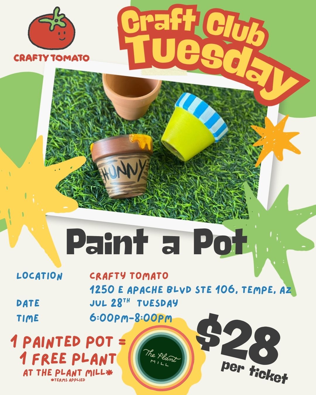 Craft Club Tuesday || Jul 28 • 6–8 PM || Paint Your Own Pot