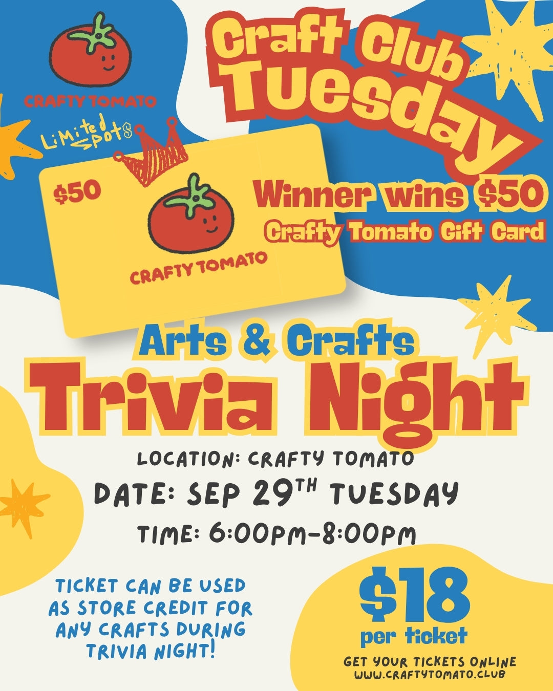 Craft Club Tuesday || Sep 29 • 6–8 PM || Arts & Crafts Trivia Night