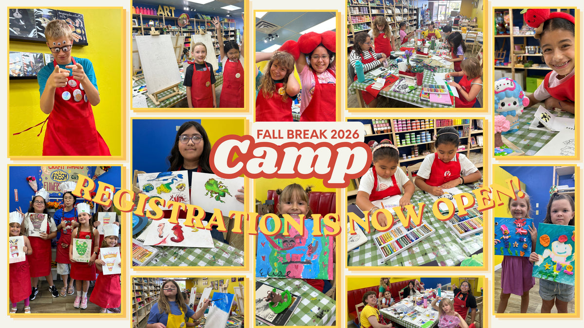 A collage of photos from a children's craft camp or art class during fall break 2026, with large overlaid text reading 'Fall Break 2026 Camp' and 'Registration is now open!'. Multiple children in red shirts are shown painting, holding up artwork, and posing in a classroom or studio setting.